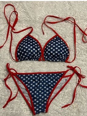Red White and Blue String Bikini with Ruched Bottoms